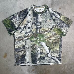 Mossy Oak Camouflage Tee Mens XL Nature Outdoors Tan Brown Green AOP Logo Shirt